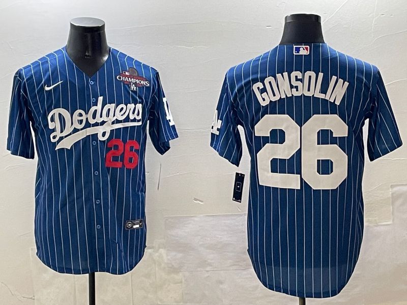 Men Los Angeles Dodgers 26 Gonsolin Blue Stripe Fashion Game 2025 Nike MLB Jersey style 3
